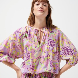 Femme AUTRES Imprimé - Robe courte femme en coton soie Rainbow Flowers, Cyclamen vue de détail 4