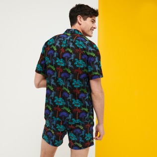 Men Others Printed - Men Bowling Shirt Linen and Cotton Tiger Leap, Black back worn view