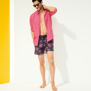 Picture of Men Others Printed - Men Cotton Voile Summer Shirt Micro Ronde Des Tortues, Shocking pink details view 5 Picture of Men Others Printed - Men Cotton Voile Summer Shirt Micro Ronde Des Tortues, Shocking pink details view 5