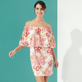 Damen Andere Bedruckt - Schulterfreies Kaleidoscope Kleid für Damen, Camellia Vorderseite getragene Ansicht