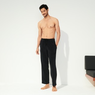 Men Others Solid - Unisex Terry Jacquard Elastic Belt Pants, Black front worn view