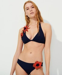 Women Classic brief Embroidered - Women Bikini Bottom Midi Brief Fleurs 3D, Navy front worn view