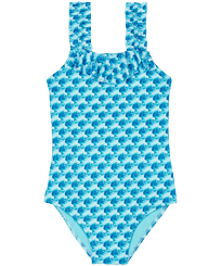 女童 Others 印制 - 女童 Micro Waves 连体泳衣, Lazulii blue 正面图