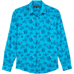 Others Printed - Unisex Cotton Voile Summer Shirt 2018 Prehistoric Fish, Azure front view