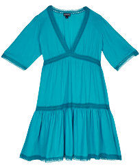 Damen Andere Uni - Mittellanges Solid Kleid aus Baumwolle für Damen, Curacao Vorderansicht