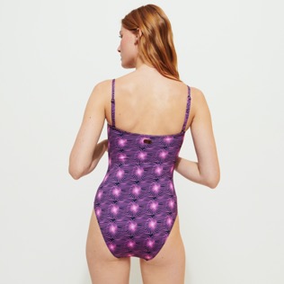 Women One piece Printed - Women Bustier One-piece Swimsuit Hypno Shell, Navy back worn view