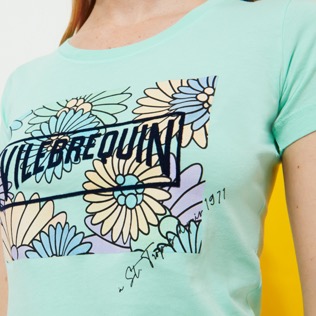 Damen Andere Bedruckt - Marguerites T-Shirt aus Baumwolle für Damen, Lagune Rückansicht getragen