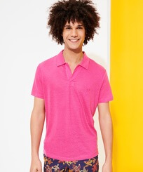 男款 Others 纯色 - 男士纯色亚麻运动 Polo 衫, Shocking pink 正面穿戴视图