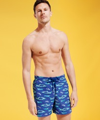 Men Embroidered Embroidered - Men Embroidered Swim Trunks Requins 3D - Limited Edition, Purple blue front worn view