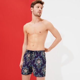 Men Classic Embroidered - Men Swim Trunks Embroidered Kaleidoscope - Limited Edition, Sapphire front worn view