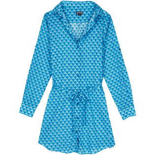 Women Others Printed - Women Cotton Shirt Dress Micro Waves, Lazulii blue front view