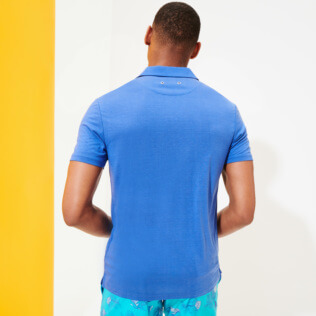 Picture of Men Others Solid - Men Tencel Polo Shirt Solid, Sea blue back worn view Picture of Men Others Solid - Men Tencel Polo Shirt Solid, Sea blue back worn view