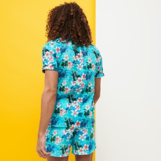 Men Others Printed - Men Bowling Shirt Linen and Cotton Turtles Jungle, Lazulii blue back worn view