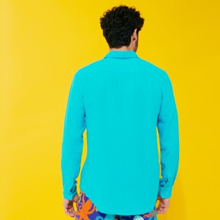 Hombre Autros Liso - Camisa de lino lisa para hombre, Curazao vista trasera desgastada
