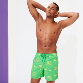 Men Classic Embroidered - Men Swimwear Embroidered 2012 Flamants Rose - Limited Edition, Grass green front worn view