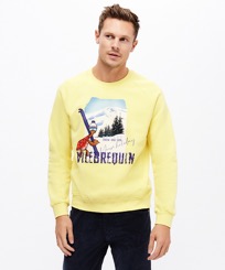 Men Cotton Sweatshirt Turtle Skier Snow and Sun Buttercup yellow front worn view