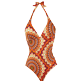 女款 One piece 印制 - 女士 1975 Rosaces 挂脖式连体泳衣, Apricot 正面图