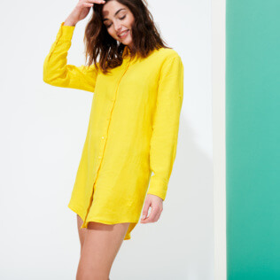 Mujer Autros Liso - Vestido camisero de lino de color liso para mujer, Safran supp1 Mujer Autros Liso - Vestido camisero de lino de color liso para mujer, Safran supp1