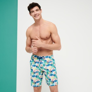 Men Short classic Printed - Men Swim Trunks Long Ultra-light and packable Urchins & Fishes, White front worn view