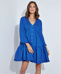 Women Others Solid - Women Linen Cover-up Solid, Denim front worn view
