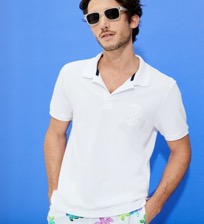Men Others Embroidered - Men Cotton Pique Polo Shirt Solid, White front worn view