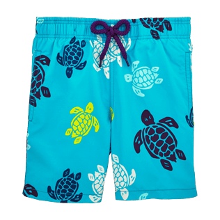 Niños Corte Clásico Estampado - Bañador con estampado Tortues Multicolores, Celeste front Niños Corte Clásico Estampado - Bañador con estampado Tortues Multicolores, Celeste front