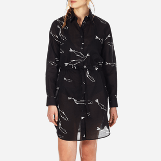 Women Dresses Printed - Women Long Cotton Voile Shirt Dress Fish Dance, Black supp1 Women Dresses Printed - Women Long Cotton Voile Shirt Dress Fish Dance, Black supp1