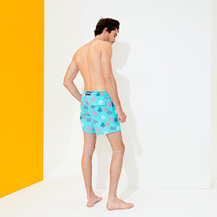 Men Classic Printed - Men Swim Trunks Ronde des Tortues Indies, Lazulii blue back worn view