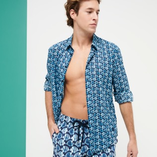 Hombre Autros Estampado - Camisa de verano unisex en gasa de algodón con estampado Batik Fishes, Azul marino detalles vista 1