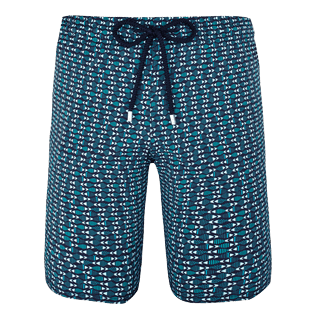 Hombres Corte Largo Estampado - Bañador elástico con estampado Modernist Fish para hombre, Azul marino front Hombres Corte Largo Estampado - Bañador elástico con estampado Modernist Fish para hombre, Azul marino front