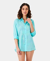 Men Others Solid - Unisex Cotton Voile Light Shirt Solid, Lagoon women front worn view