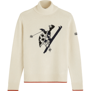 Men Wool Turtleneck Jacquard Sweater Off white front view
