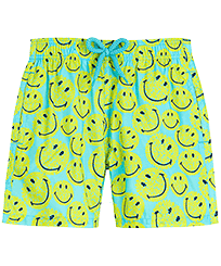 Jungen Klassische kurze Bedruckt - Ultraleichte und verstaubare Turtles Smiley Badeshorts für Jungen – Vilebrequin x Smiley®, Lazulii blue Vorderansicht