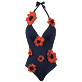 Damen Einteiler Bestickt - Fleurs 3D Badeanzug mit V-Ausschnitt für Damen, Marineblau Vorderansicht