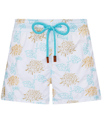 Women Swim Short Embroidered Iridescent Flowers of Joy White front view
