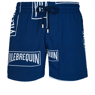 Men Stretch classic Printed - Men Swim Trunks Stretch Vilebrequin labels, Navy front Men Stretch classic Printed - Men Swim Trunks Stretch Vilebrequin labels, Navy front