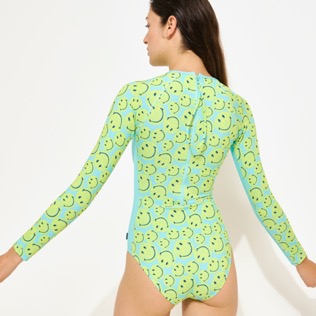 Women One piece Printed - Women Rashguard Long-Sleeves One-Piece swimsuit Turtles Smiley - Vilebrequin x Smiley®, Lazulii blue back worn view