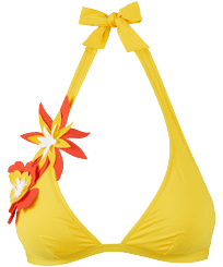 Mujer Halter Bordado - Top de bikini anudado alrededor del cuello con estampado Fleurs 3D para mujer, Yellow vista frontal
