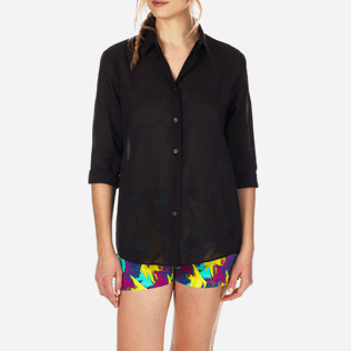 Mujer Autros Liso - Camisa en gasa de algodón liso con tirantes para anudar alrededor del cuello para mujer, Negro supp5 Mujer Autros Liso - Camisa en gasa de algodón liso con tirantes para anudar alrededor del cuello para mujer, Negro supp5