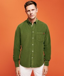 Men Others Solid - Men Corduroy Shirt Solid, Olive front worn view
