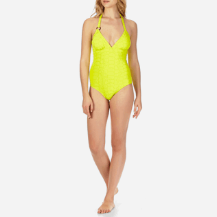 Women One Piece Solid - Women Triangle One Piece Swimsuit Turtles Scales, Chartreuse frontworn Women One Piece Solid - Women Triangle One Piece Swimsuit Turtles Scales, Chartreuse frontworn