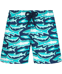 Jungen Klassische Bedruckt - Requins 3D Badeshorts für Jungen, Marineblau Vorderansicht