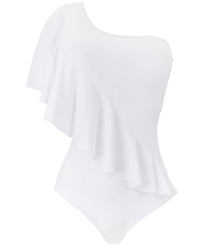 Femme UNE PIECE Uni - Maillot de bain Une Pièce à volants asymétriques femme uni, Blanc vue de face