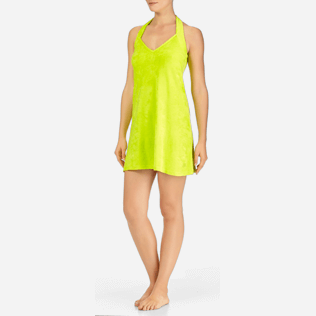 Mujer Vestido Liso - Vestido en tejido terry con estampado liso para anudar alrededor del cuello para mujer, Limoncillo frontworn Mujer Vestido Liso - Vestido en tejido terry con estampado liso para anudar alrededor del cuello para mujer, Limoncillo frontworn