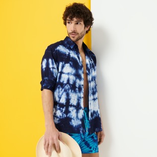 Men Others Printed - Men Linen and Cotton Fonds Marins Tie & Dye Shirt, Navy details view 3