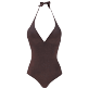 Women Fitted Solid - Women Halter One-Piece Swimsuit Changeant Shiny, Burgundy front view