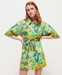 Donna Altri Stampato - Women Linen Shirt Dress Jungle Rousseau, Zenzero vista frontale indossata