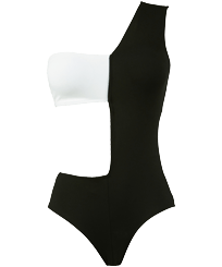 Women Asymmetrical Solid - Women Asymmetric One-piece Swimsuit Solid, Black/white front view