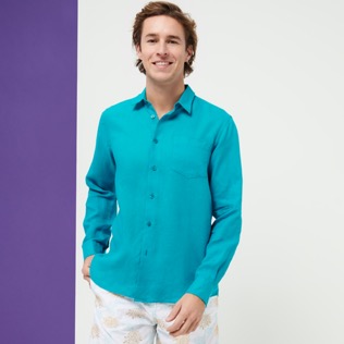 Hombre Autros Liso - Camisa de lino lisa para hombre, Ming blue detalles vista 3