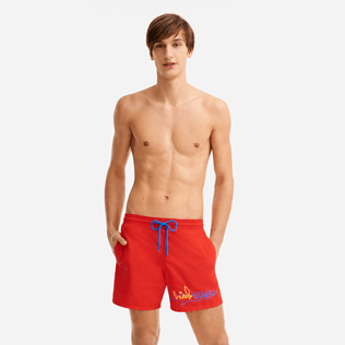 Men Classic Embroidered - Men Swimwear placed embroidery Vilebrequin squale - Vilebrequin x JCC+ - Limited Edition, Medicis red front worn view